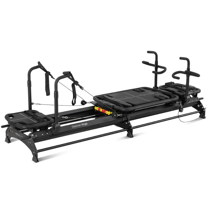 Three quarter side view of the Lifespan Fitness Contour Mega Reformer