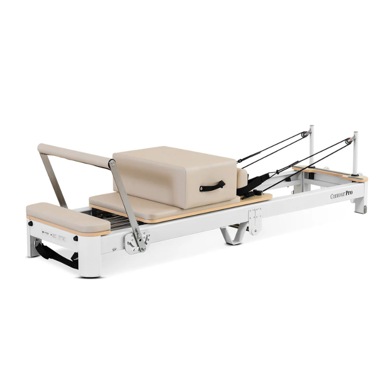 Front left side angled view of the Lifespan Fitness Contour Pro Aluminium Folding Reformer Pilates Machine in Beige without jumpboard attached