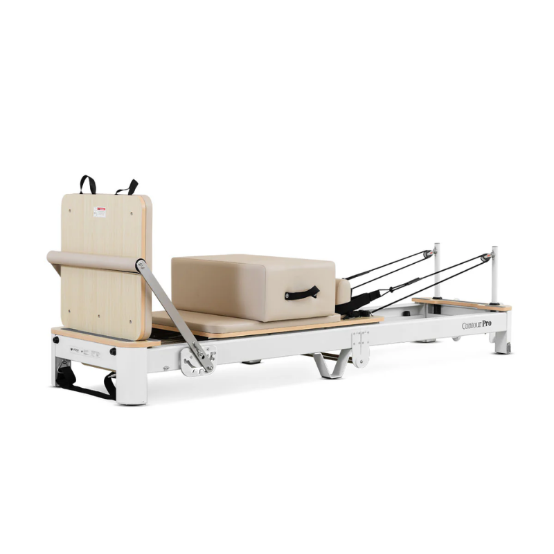 Front left side angled view of the Lifespan Fitness Contour Pro Folding Pilates Reformer in Beige