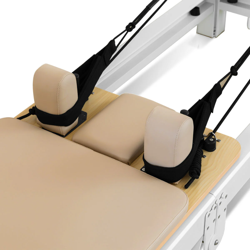 Close-up of the carriage and pulley handles on the Lifespan Fitness Contour Pro Aluminium Folding Pilates Reformer Machine in Beige