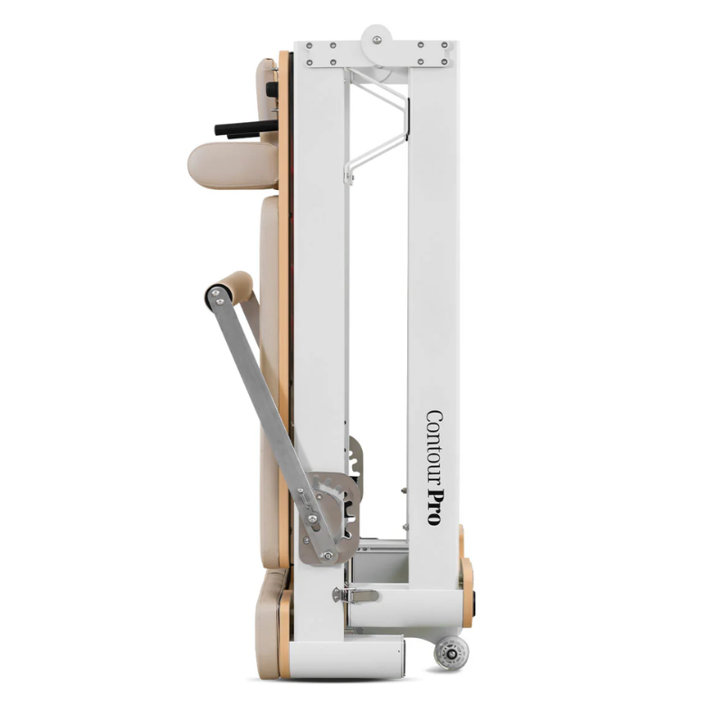 Side view of the Lifespan Fitness Contour Pro Folding Pilates Reformer in Beige folded upright
