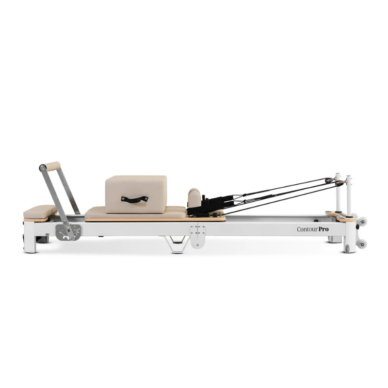 Side view of the Lifespan Fitness Contour Pro Aluminium Folded Pilates Reformer Machine in Beige