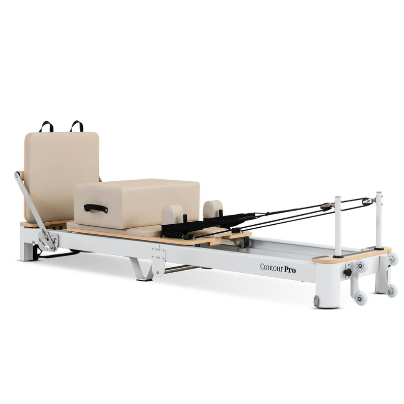 Back right side angled view of the Lifespan Fitness Contour Pro Aluminium Folding Reformer Pilates Machine in Beige