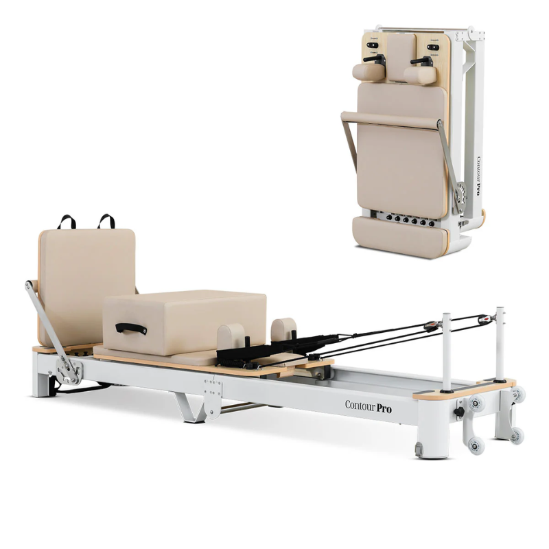 Main image of the Lifespan Fitness Contour Pro Aluminium Folding Pilates Reformer Machine in Beige in unfolded and folded positions