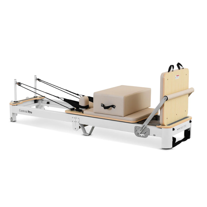Front right side angled view of the Lifespan Fitness Contour Pro Aluminium Folding Pilates Reformer Machine in Beige
