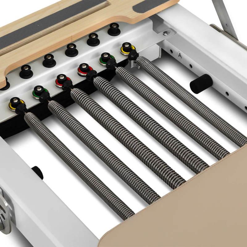Close-up of the six springs on the Lifespan Fitness Contour Pro Aluminium Folding Pilates Reformer Machine in Beige