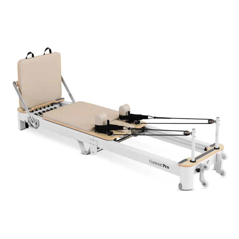 Back left side view of the Lifespan Fitness Contour Pro Aluminium Folding Pilates Reformer Machine in Beige