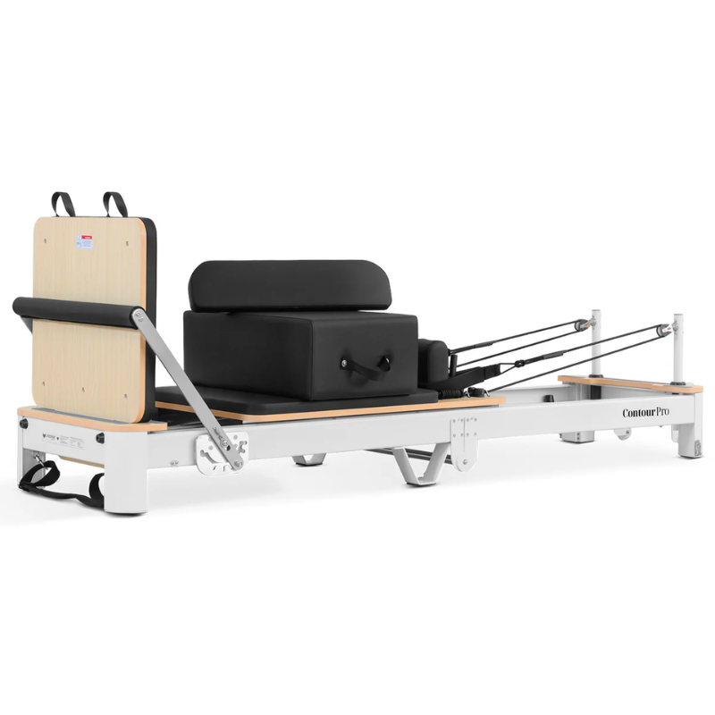 Front left angle view of the Lifespan Fitness Contour Pro Aluminium Folding Reformer Pilates Machine in Black