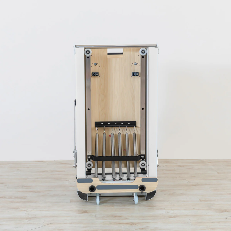 Back view of the Lifespan Fitness Contour Pro Aluminium Folded Pilates Reformer Machine in black folded upright.