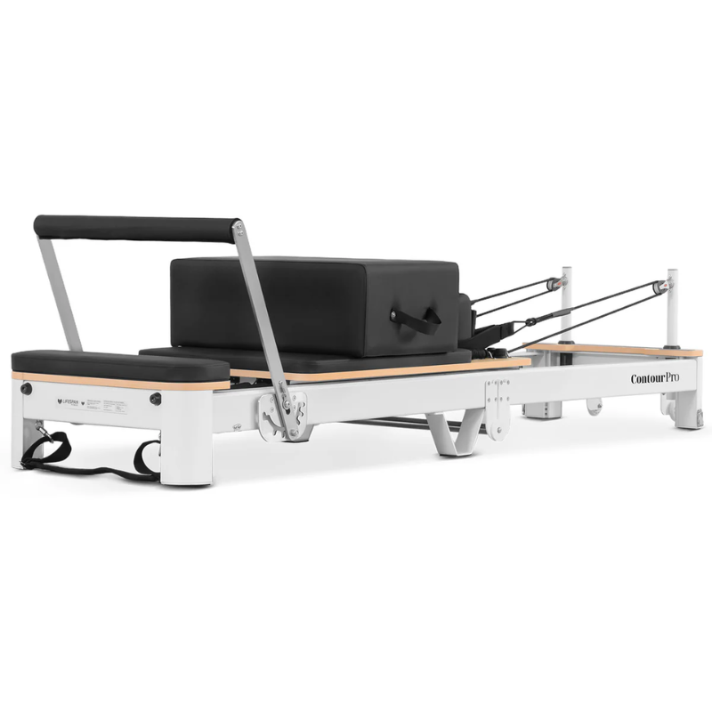 Front left angled view of the Lifespan Fitness Contour Pro Aluminium Folding Pilates Reformer Machine in Black without the jumpboard
