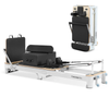 Main image of the Lifespan Fitness Contour Pro Aluminium Folding Pilates Reformer Machine in Black in unfolded and folded positions