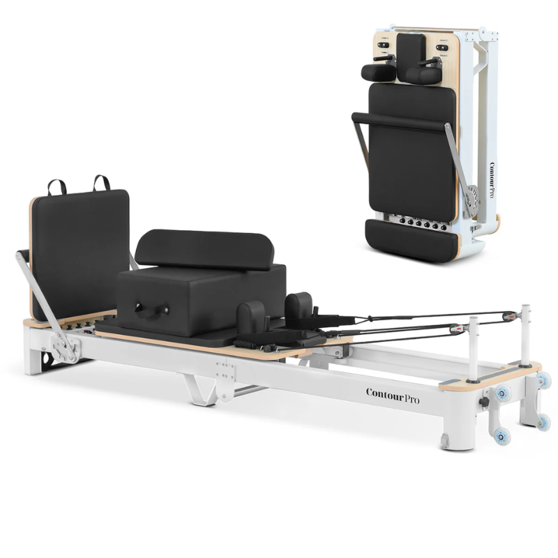 Main image of the Lifespan Fitness Contour Pro Aluminium Folding Pilates Reformer Machine in Black in unfolded and folded positions