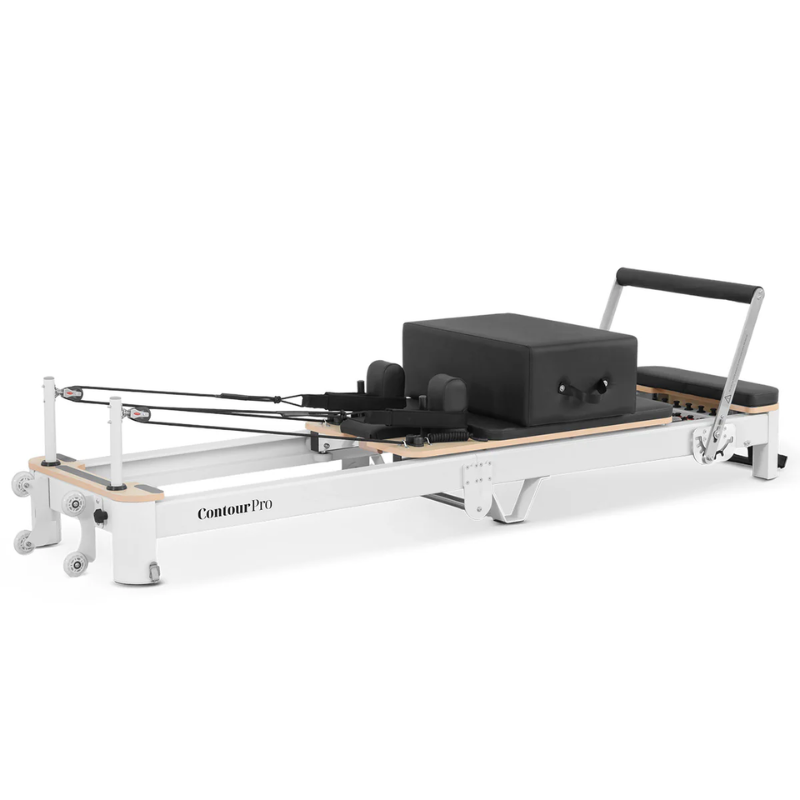 Right side angled view of the Lifespan Fitness Contour Pro Aluminium Folded Pilates Reformer Machine in Black