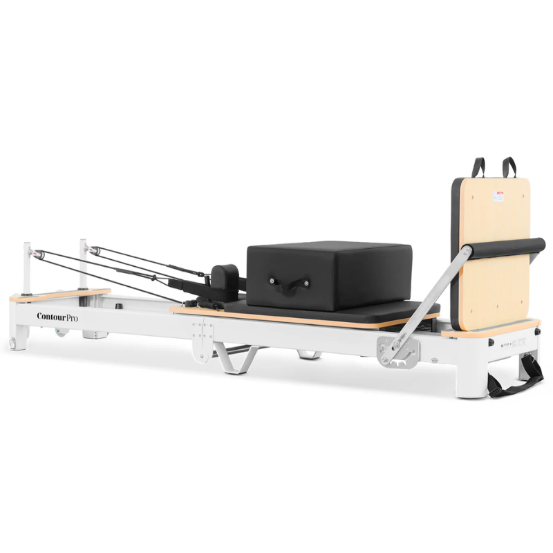 Front right angled view of the Lifespan Fitness Contour Pro Folding Pilates Reformer in Black