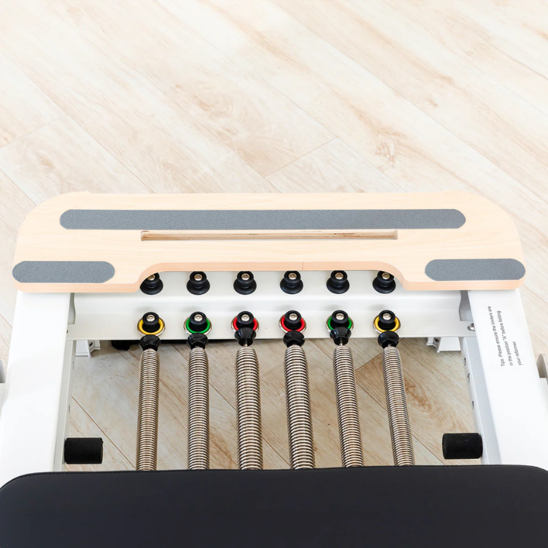 Close-up of the springs on the Lifespan Fitness Contour Pro Aluminium Folding Reformer Pilates Machine in Black
