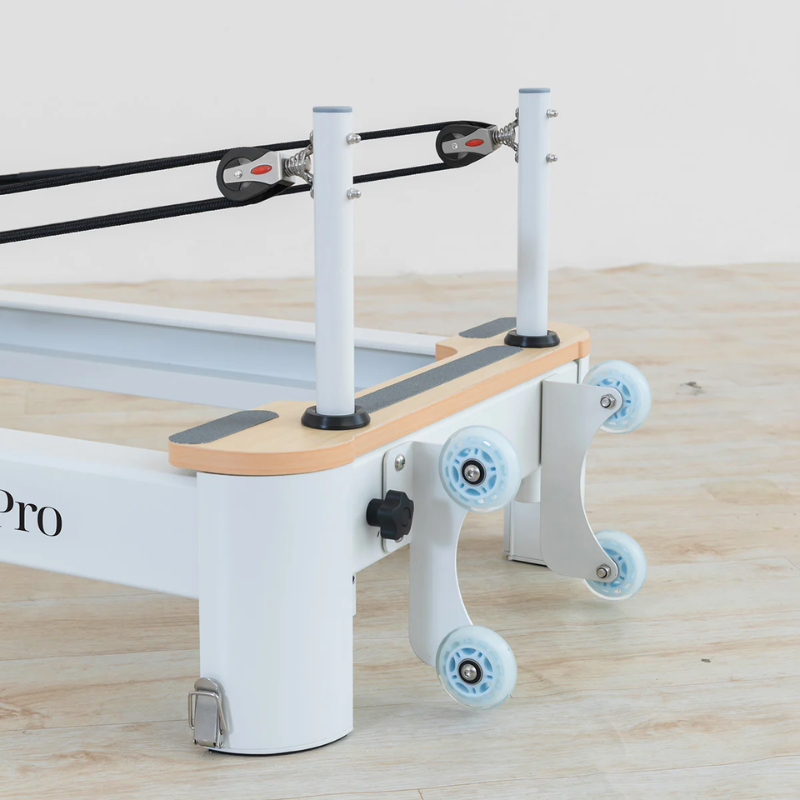 Close-up of the four transport wheels on the Lifespan Fitness Contour Pro Aluminium Folding Pilates Reformer Machine