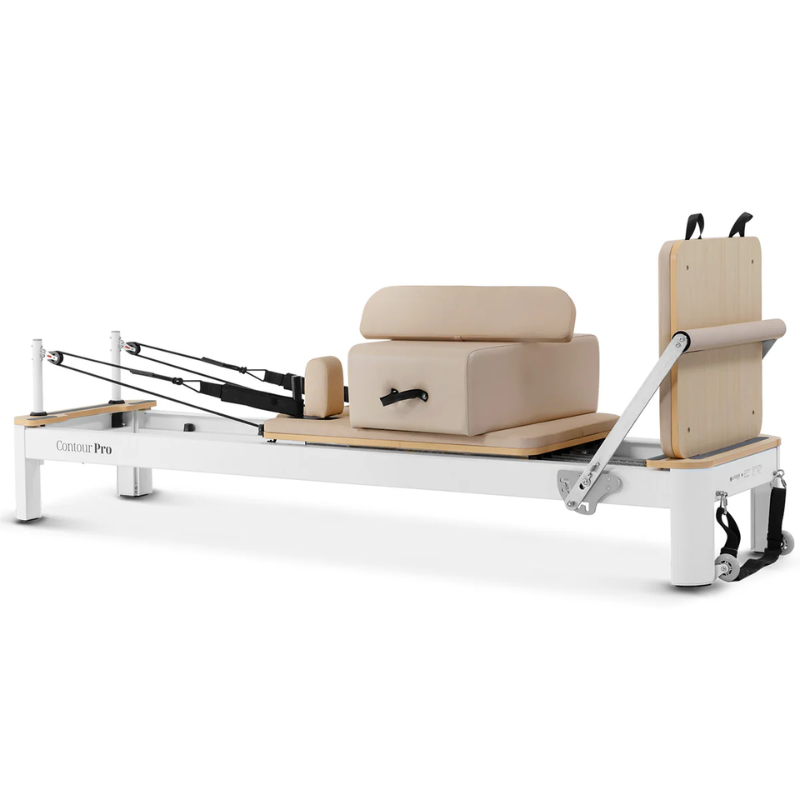 Lifespan Fitness Contour Pro Aluminium Pilates Reformer Machine in Beige with all included accessories