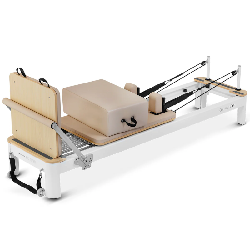 Front side angle of the Lifespan Fitness Contour Pro Aluminium Pilates Reformer Machine in Beige with the jump board