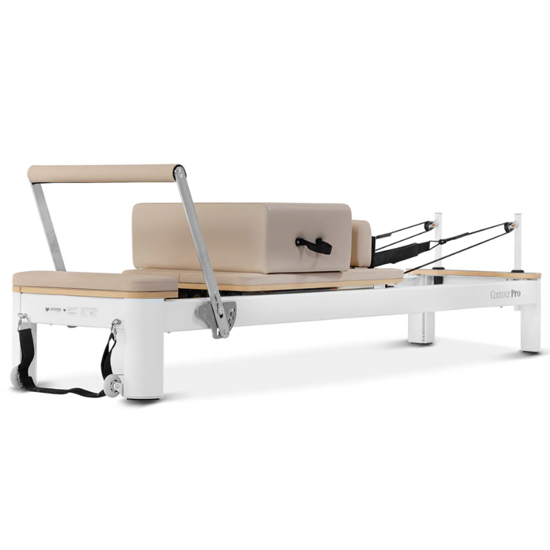 Front side angle of the lifespan fitness contour pro studio aluminium reformer pilates bed set without the jump board