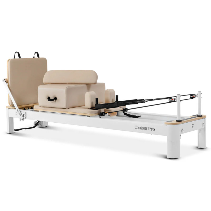 Main shot of the lifespan fitness contour pro studio aluminium reformer pilates bed set in Beige colour