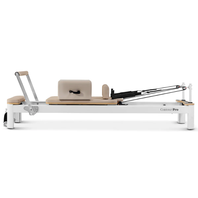 Side angle of the Lifespan Fitness Contour Pro Aluminium Pilates Reformer Machine in Beige