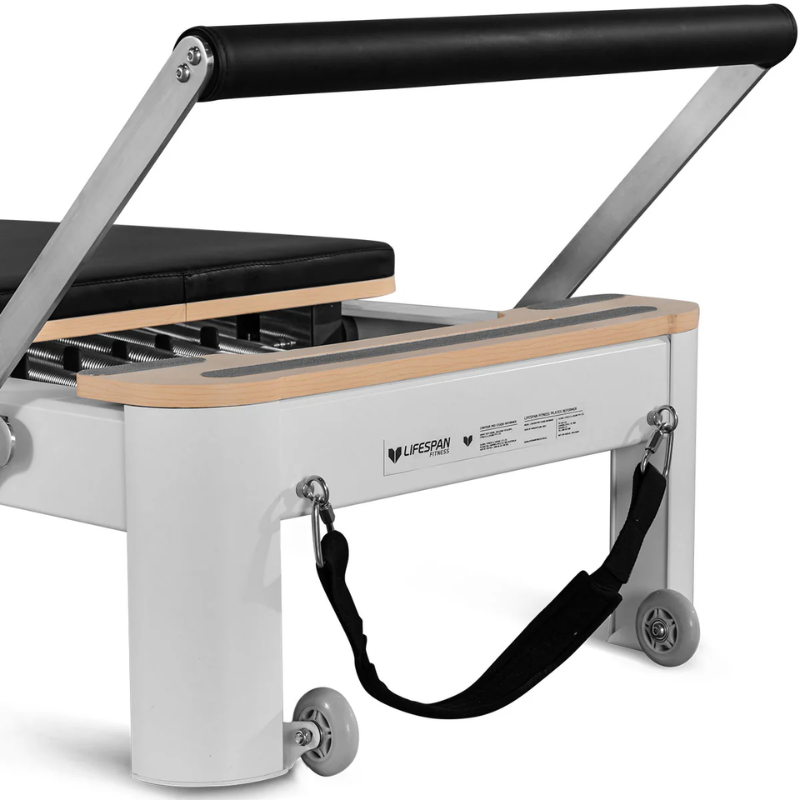 Close-up of the foot bar on the Lifespan Fitness Contour Pro Aluminium Pilates Reformer Machine in Black