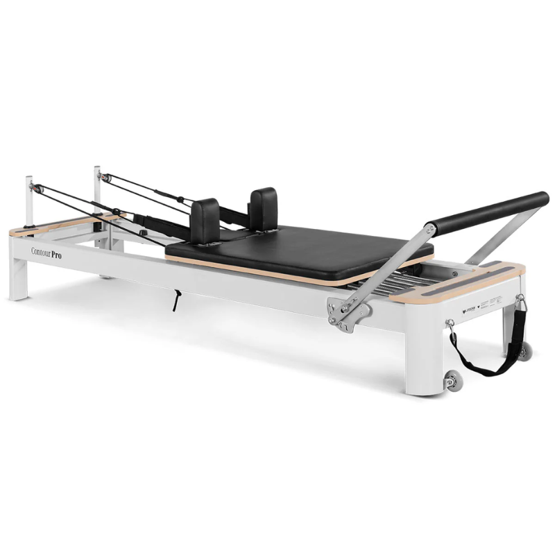 Front side angle of the lifespan fitness contour pro studio aluminium reformer pilates bed set in Black