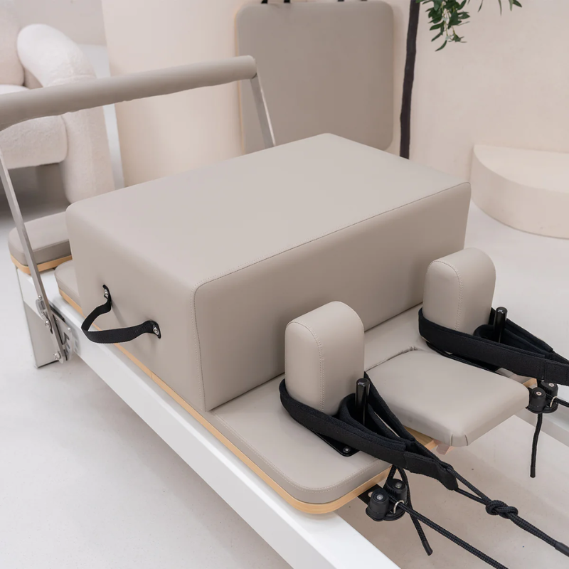 Close-up of the Pilates box and carriage of the Lifespan Fitness Contour Pro Aluminium Reformer Machine for Pilates in Hepburn inside a modern studio