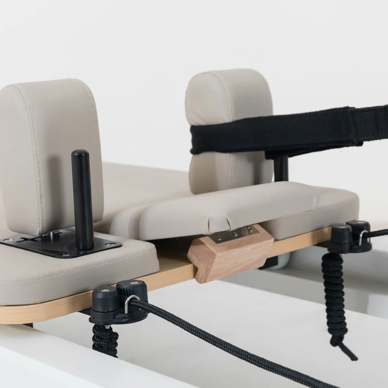 Close-up of the headrest and shoulder blocks on the Contour Pro Aluminium Reformer Pilates Machine in Hepburn