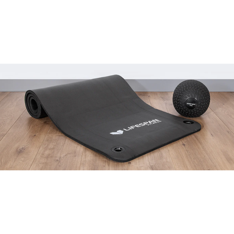 Lifespan Fitness Yoga & Pilates Exercise Mat next to an exercise ball