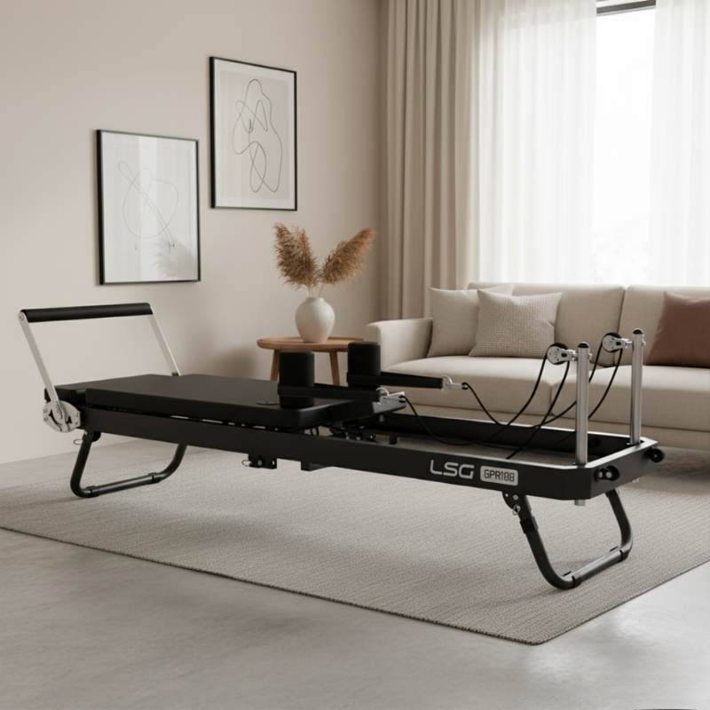LSG GPR100 Foldable Pilates Reformer Machine inside a modern, minimalist home lounge
