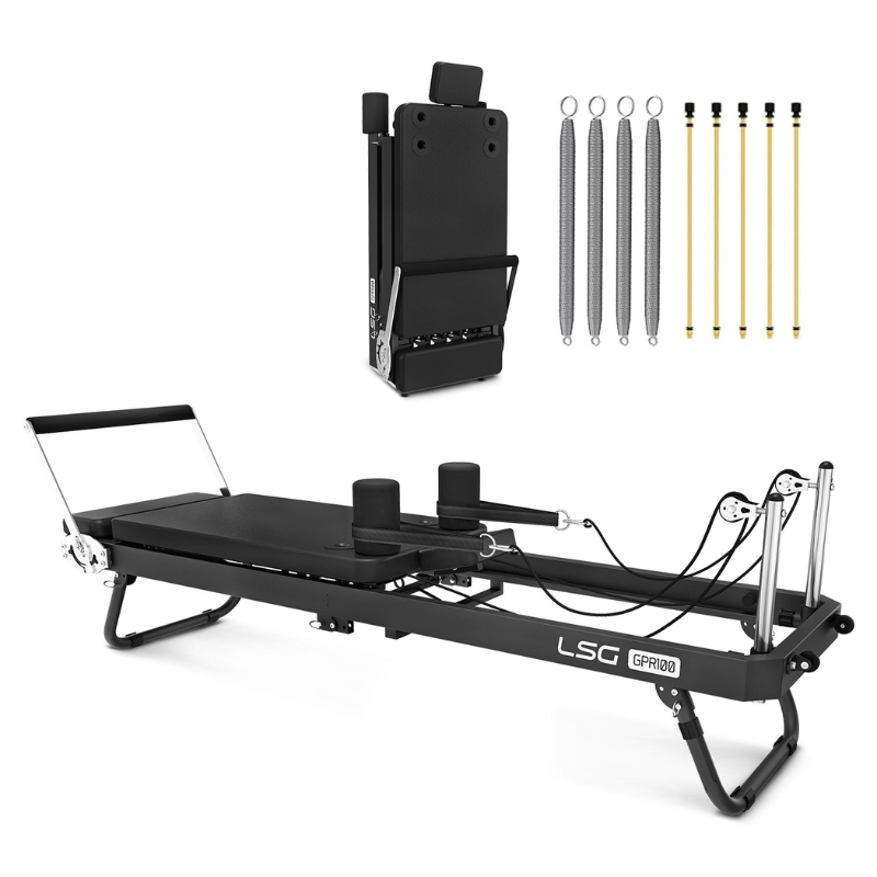 LSG GPR100 Foldable Pilates Reformer Machine in folded and unfolded positions and flatlay view of all springs included