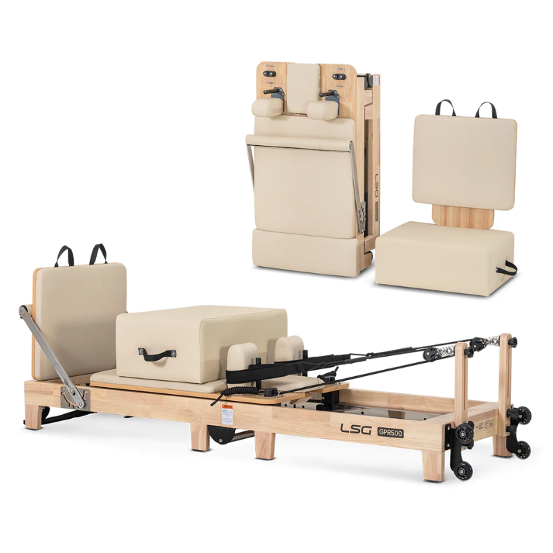LSG GPR500 Wooden Foldable Pilates Reformer Machine in folded and unfolded positions with accessories