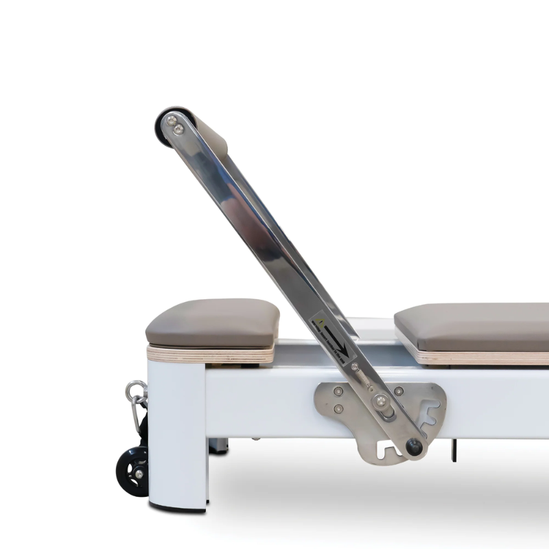 Side view of the foot bar adjustor on the Reeplex Aluminium Flex Series Pilates Reformer Machine