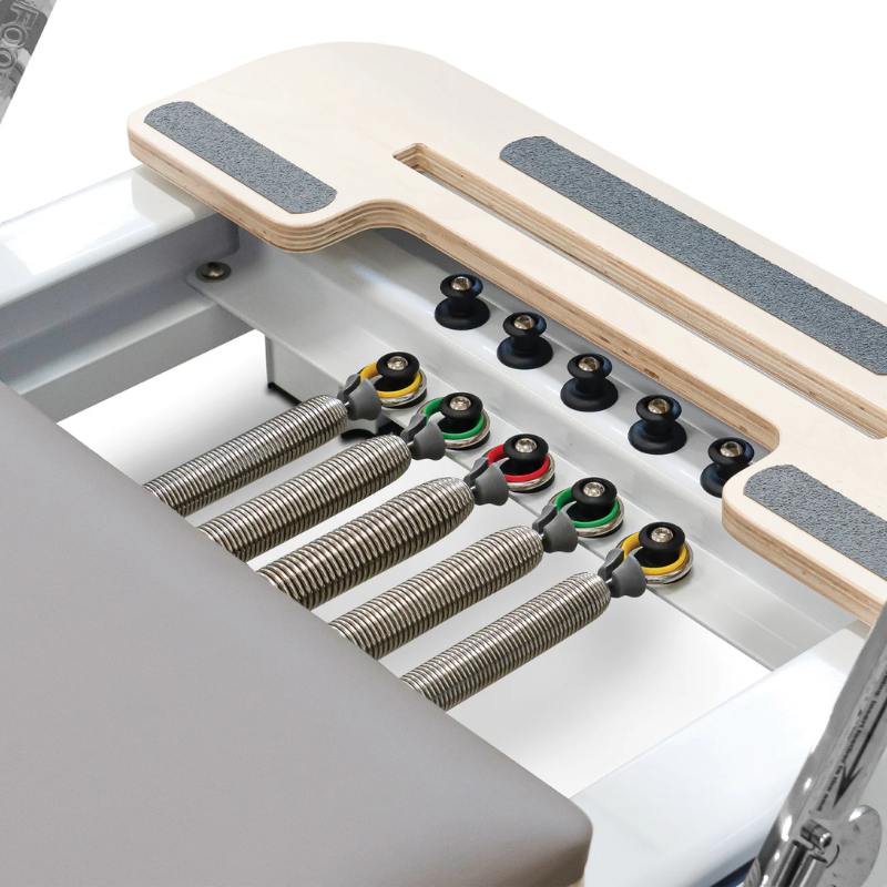 Close-up of springs on the Reeplex Aluminium Flex Series Pilates Reformer Machine