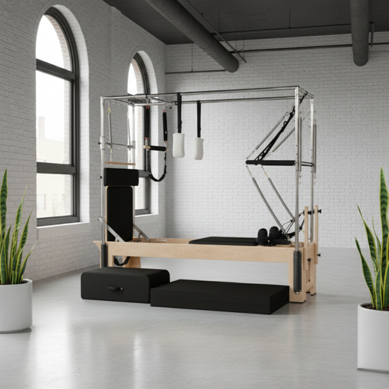 Reeplex Cadillac Pilates Reformer with Full Trapeze V2 inside a Pilates studio