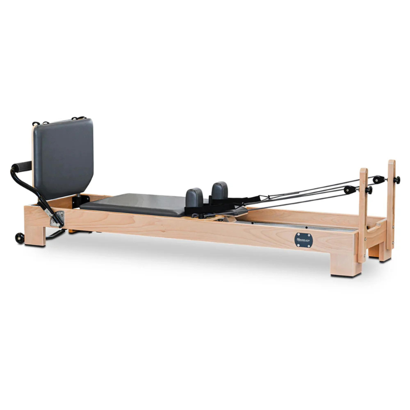 Reeplex Luna Beechwood Pilates Reformer in angled side view