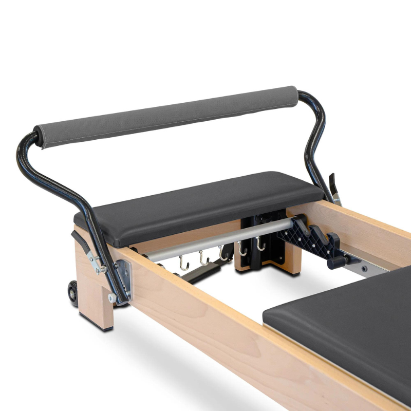 Close-up of the Reeplex Luna Beechwood Pilates Reformer without the jump board