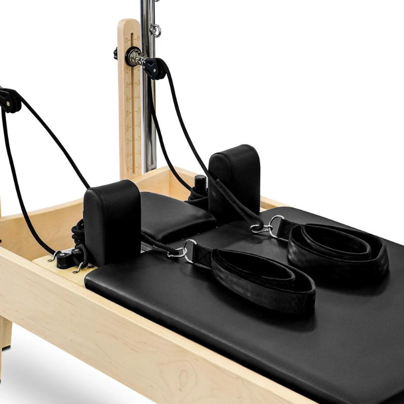 Reeplex Pilates Reformer Pro Maple Wood with Half Trapeze Tower Carriage Close-up