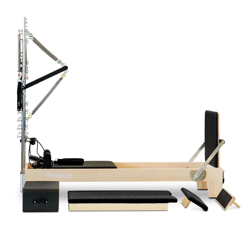 Reeplex Pilates Reformer Pro Maple Wood with Half Trapeze Tower Front Shot