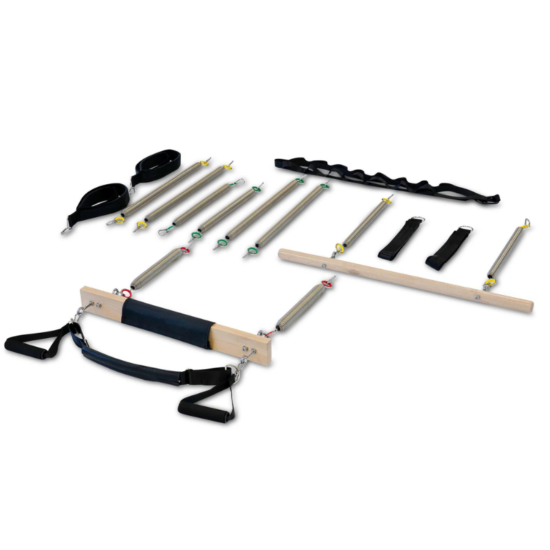 Laid out view of all the accessories that come with the Reeplex Pilates Reformer Pro Maple Wood with Full Trapeze Frame