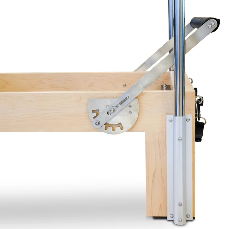 Close-up view of the adjustable handle on the Reeplex Pilates Reformer Pro Maple Wood with Full Trapeze Frame