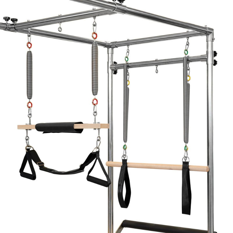 Closer right side view of the Reeplex Pilates Reformer Pro Maple Wood with Full Trapeze Frame