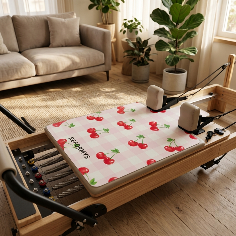 Reformys Pilates Reformer Mat in Cherry Crush on a Pilates reformer machine inside a home lounge
