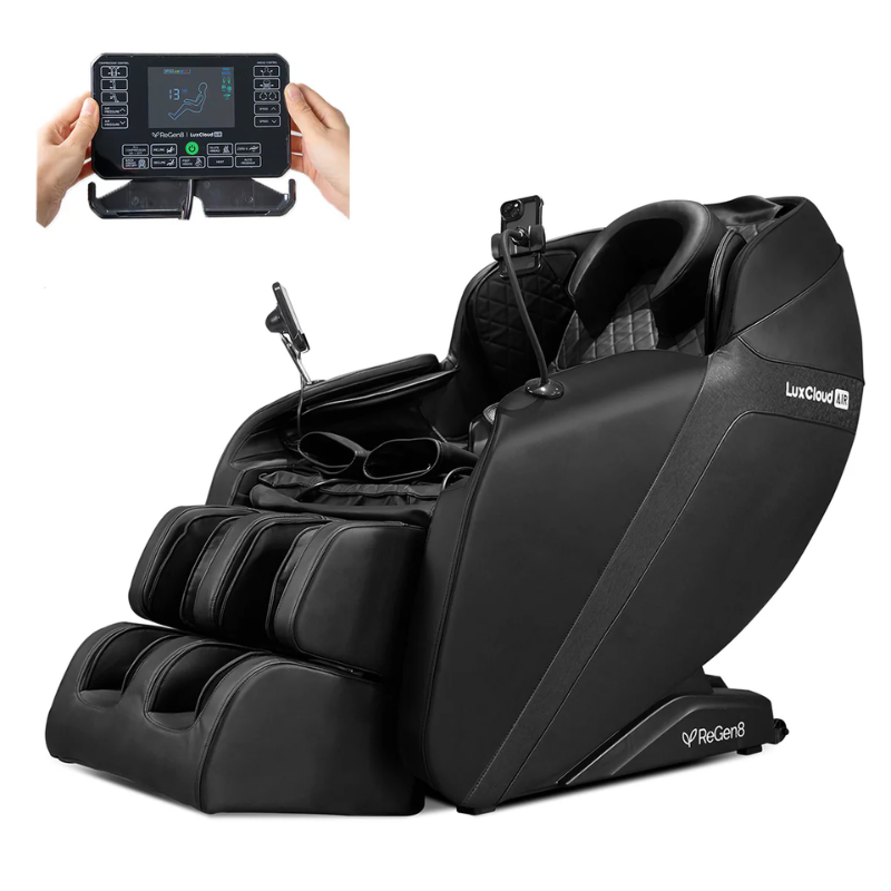 ReGen8 LuxCloud Air Zero Gravity Heated Massage Chair in Black shown with control panel
