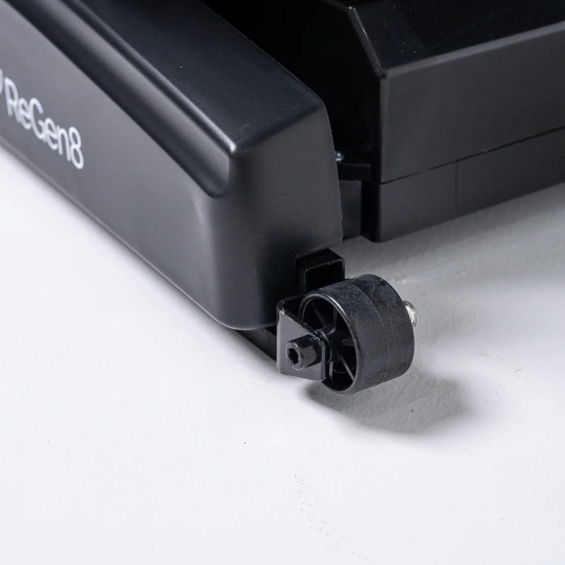 Close-up of the transport wheels on the ReGen8 LuxCloud Air Zero Gravity Heated Massage Chair in Black