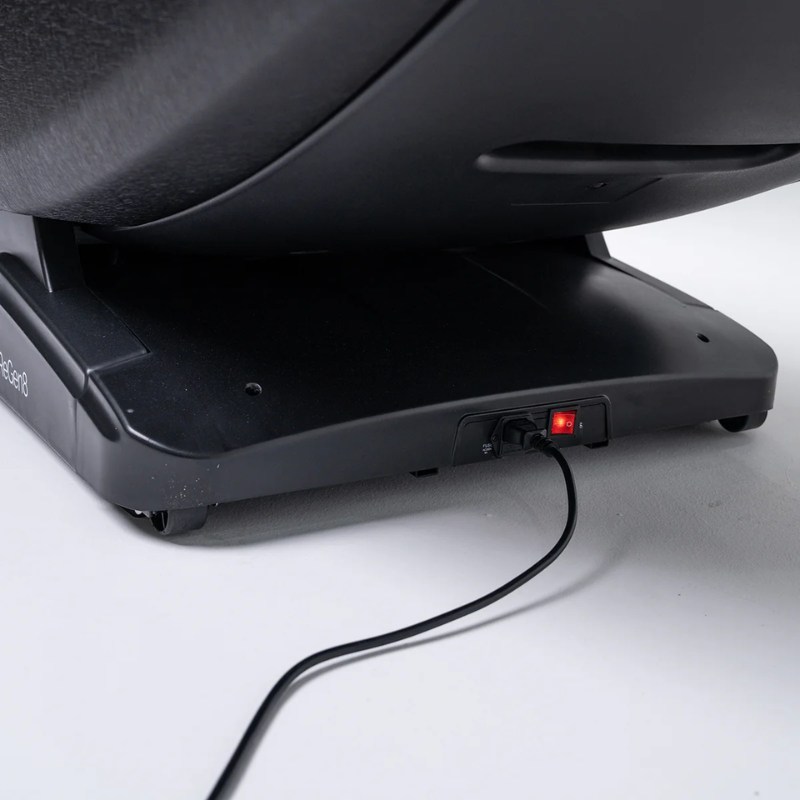 Close-up of the power connection and switch on the ReGen8 LuxCloud Glide Zero Gravity Massage Chair