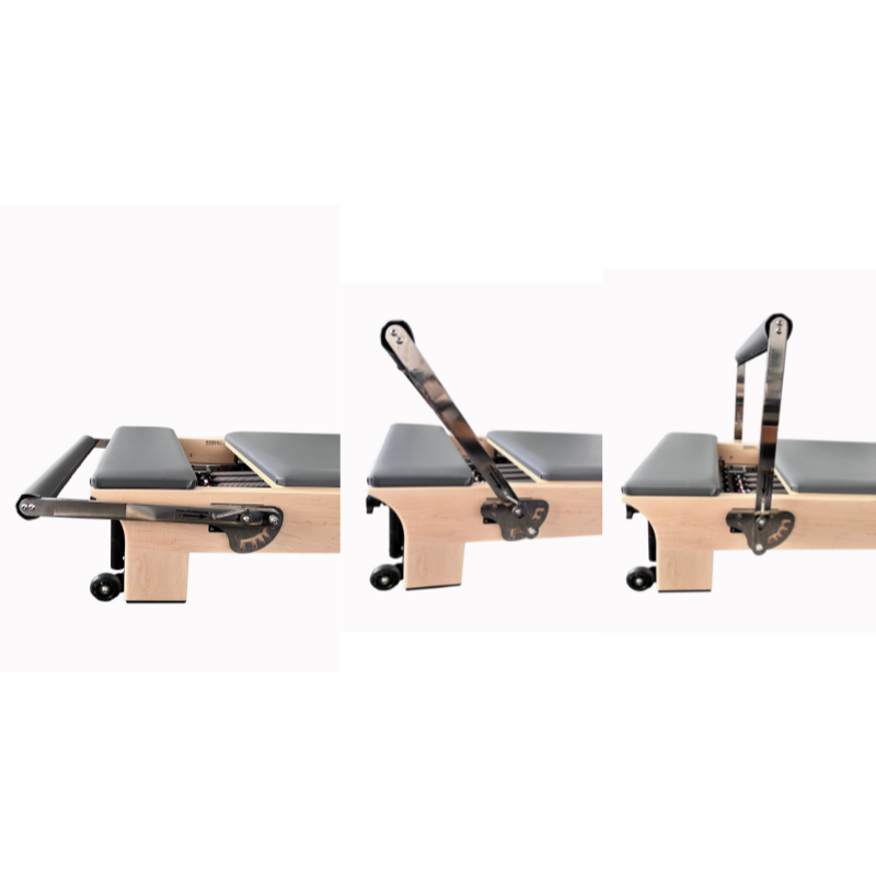 Various positions of the footbar on Volt Q2 Maple Wood Studio Pilates Reformer