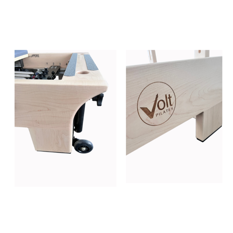 Volt Q2 Maple Wood Studio Pilates Reformer legs close-up with wheels and logo