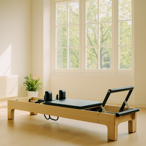 Pilates reformer in a room with large windows and a plant